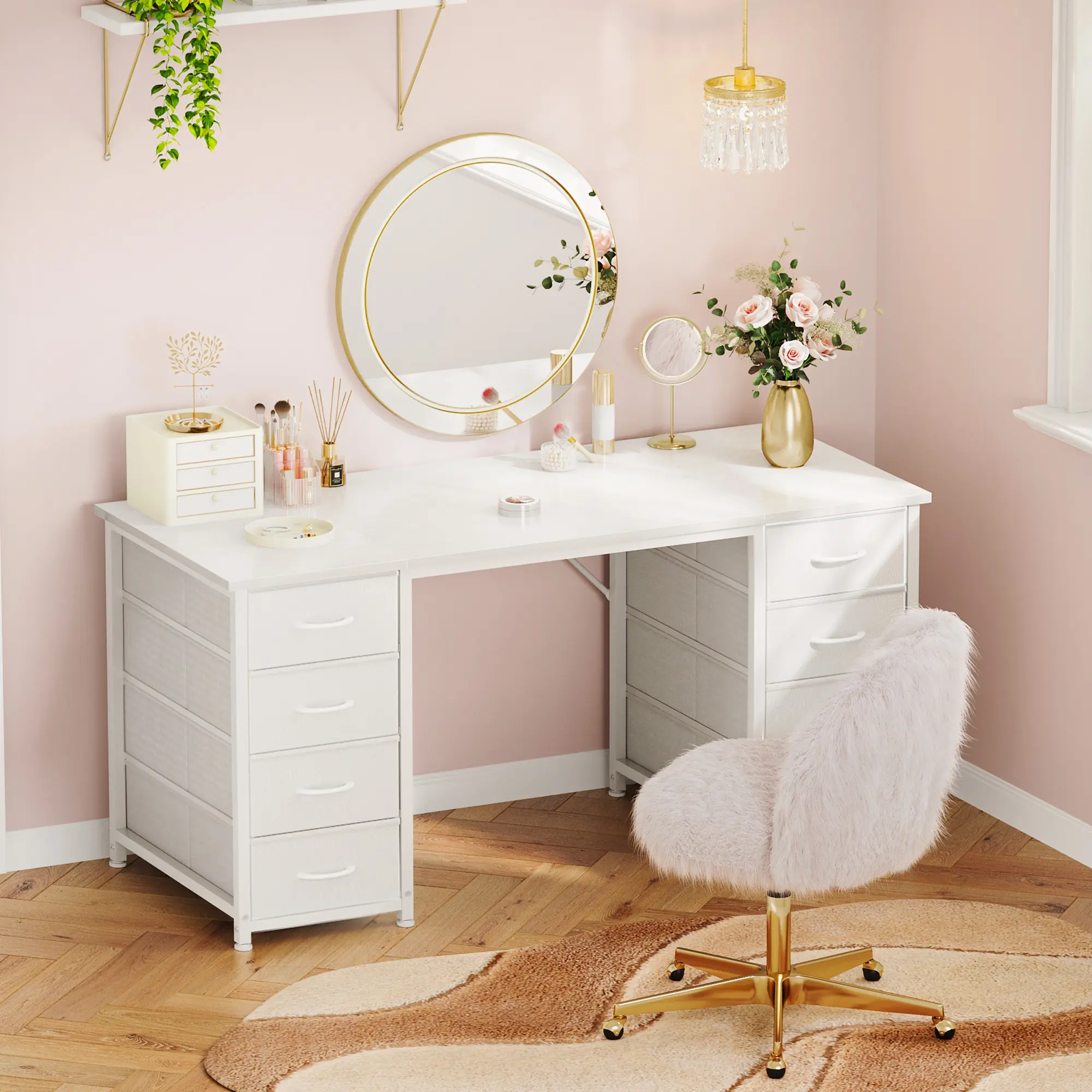 AODK 48-Inch Modern Vanity Makeup Desk - 8 Fabric Drawers, Multifunctional Storage Furniture for Bedroom Home Office, White Vanity Organization Table