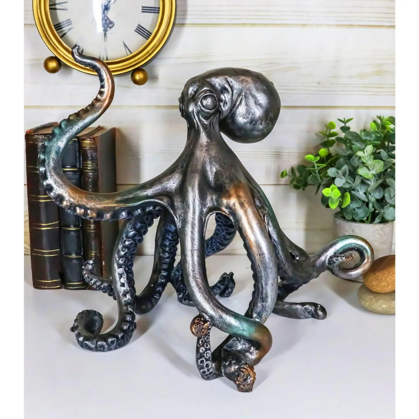 Ebros Large Standing Octopus Figurine - Silver Finish Resin Sculpture, Vintage Design Decorative Item for Home Marine Decor, 11.5" W