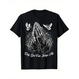 Only God Can Judge Me Prayer Hands Chicano Tattoo Doves T-Shirt, for Students, daily wear, holiday trip, minimalist design, quick-dry moisture wicking, vintage style