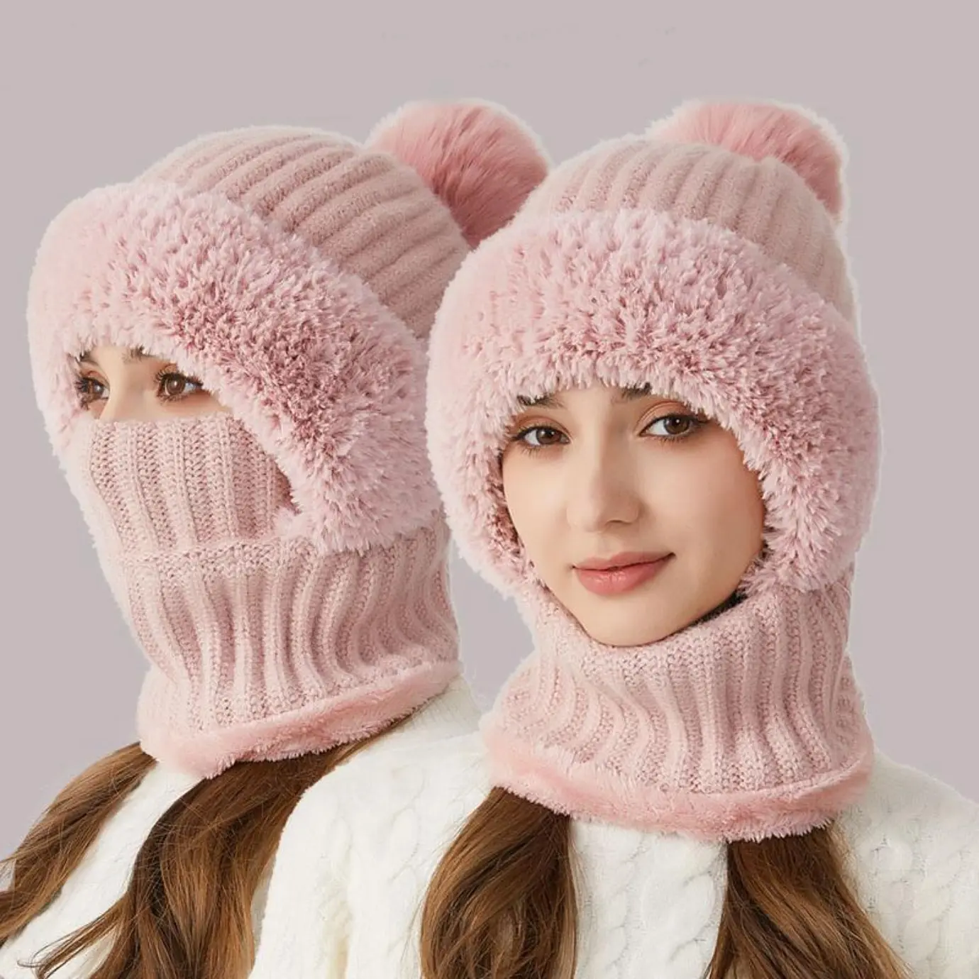 Unisex 3-in-1 Fleece-Lined Windproof Thermal Balaclava Matching Set - Beanie Fitted, Windproof Hood, Ear Flaps, Neck Warmer, Scarf Mask, Soft Faux Fur, Cotton, Machine Washable, Ideal for Skiing, Family Photo Match, Balaclava Mask Sports & Outdoor Hats, S
