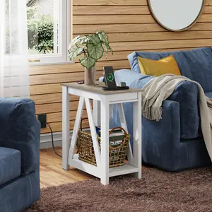 WLIVE Narrow End Table with Charging Station of Open Storage Shelf, Sofa Side Table with 2 USB Ports and 2 Power Outlets, Slim Farmhouse End Table for Small Spaces, 11.8" D x 23.6" W x 23.74" H