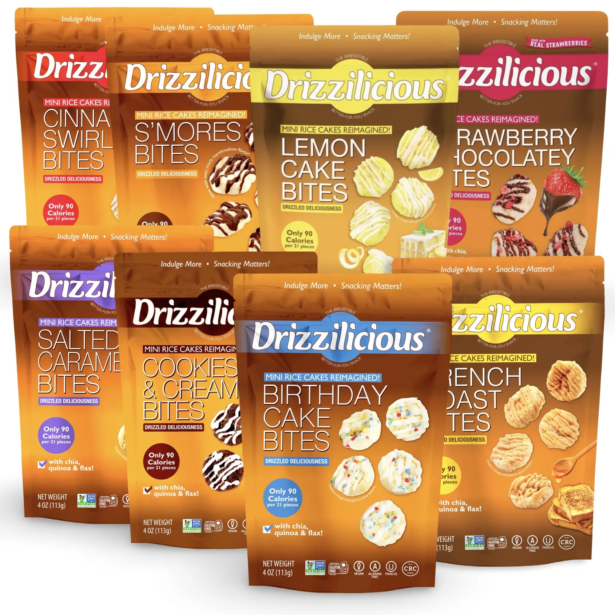 Drizzilicious Mini Rice Cake Bites 8 Flavor Variety Pack: Birthday, Cinnamon, Cookies & Cream, French Toast, Salted Caramel, Lemon, Choc Strawberry, Smores