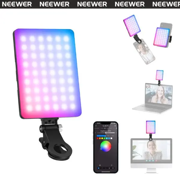 NEEWER VL67C/VL67B RGB Phone Selfie Light with APP Control, Clip On LED Fill Light for iPhone Android Laptop, 360° Full Color, 2500K–8500K, 2000mAh Rechargeable, 110min Runtime, Portable Light for Video Recording, Vlog, Streaming tiktokshopbacktoschool