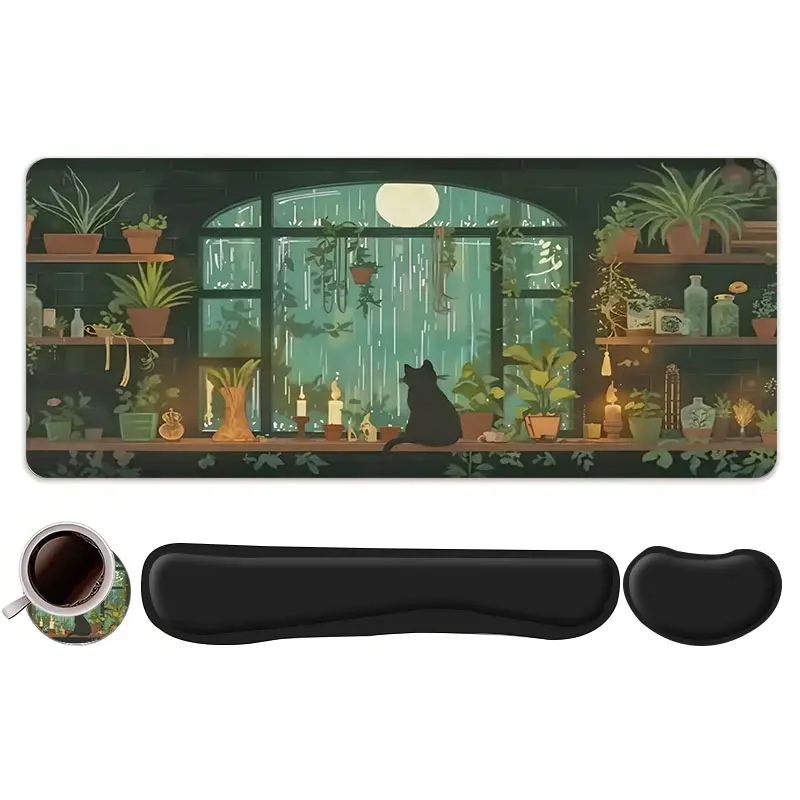 4pcs Cozy Rainy Night Cat and Plants Design Mouse Pad + Keyboard Wrist Rest + Ergonomic Mouse Pad + Coaster Set For Desktop Decoration, Office Accessories Set Ergonomic Wrist Support, Computer Mat Mouse Pad Coaster Gaming Mouse Pads Suitable For Home