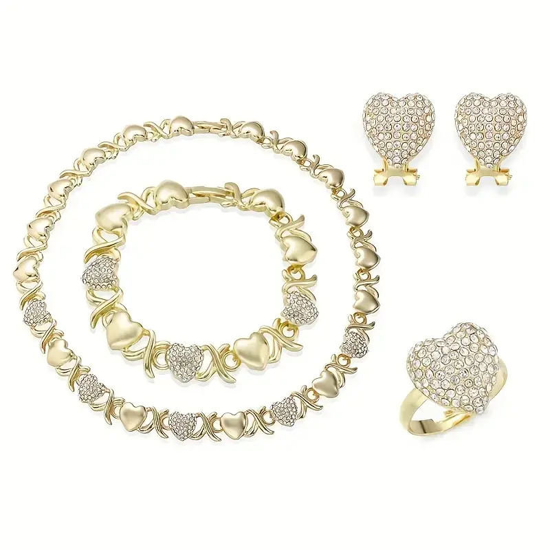 4pcs Set Of Fashionable Luxury Heart-shaped Design Necklace Bracelet Earring Ring Jewelry Set Set Inlaid With Shiny Synthetic Zirconia Women Romantic Engagement Wedding Jewelry Gift
