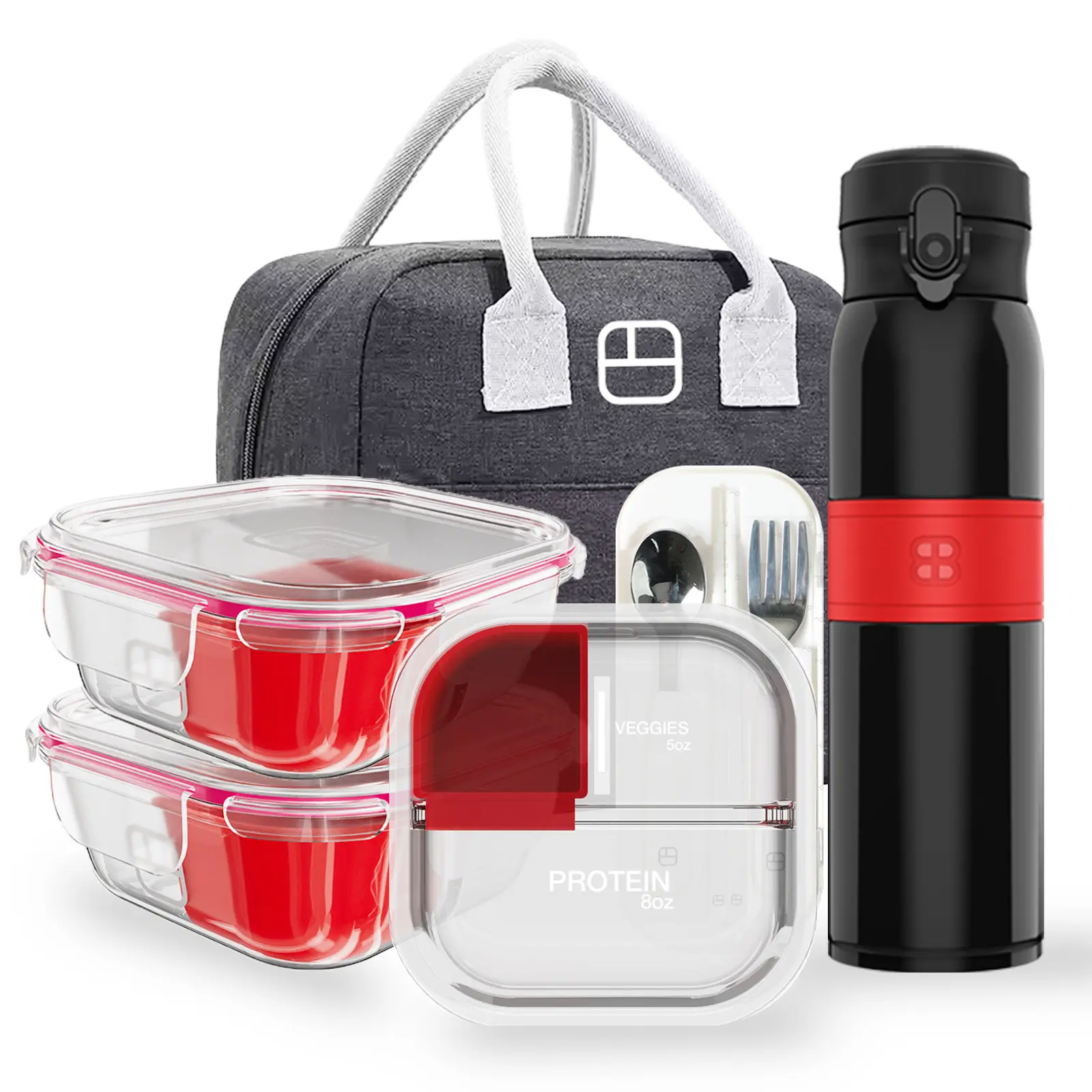 BariBowl II Deluxe Bariatric Meal Prep Bundle – 3 Glass Portion-Control Containers + 20oz Insulated Bottle + Lunch Bag, Silicone Cups & Utensils