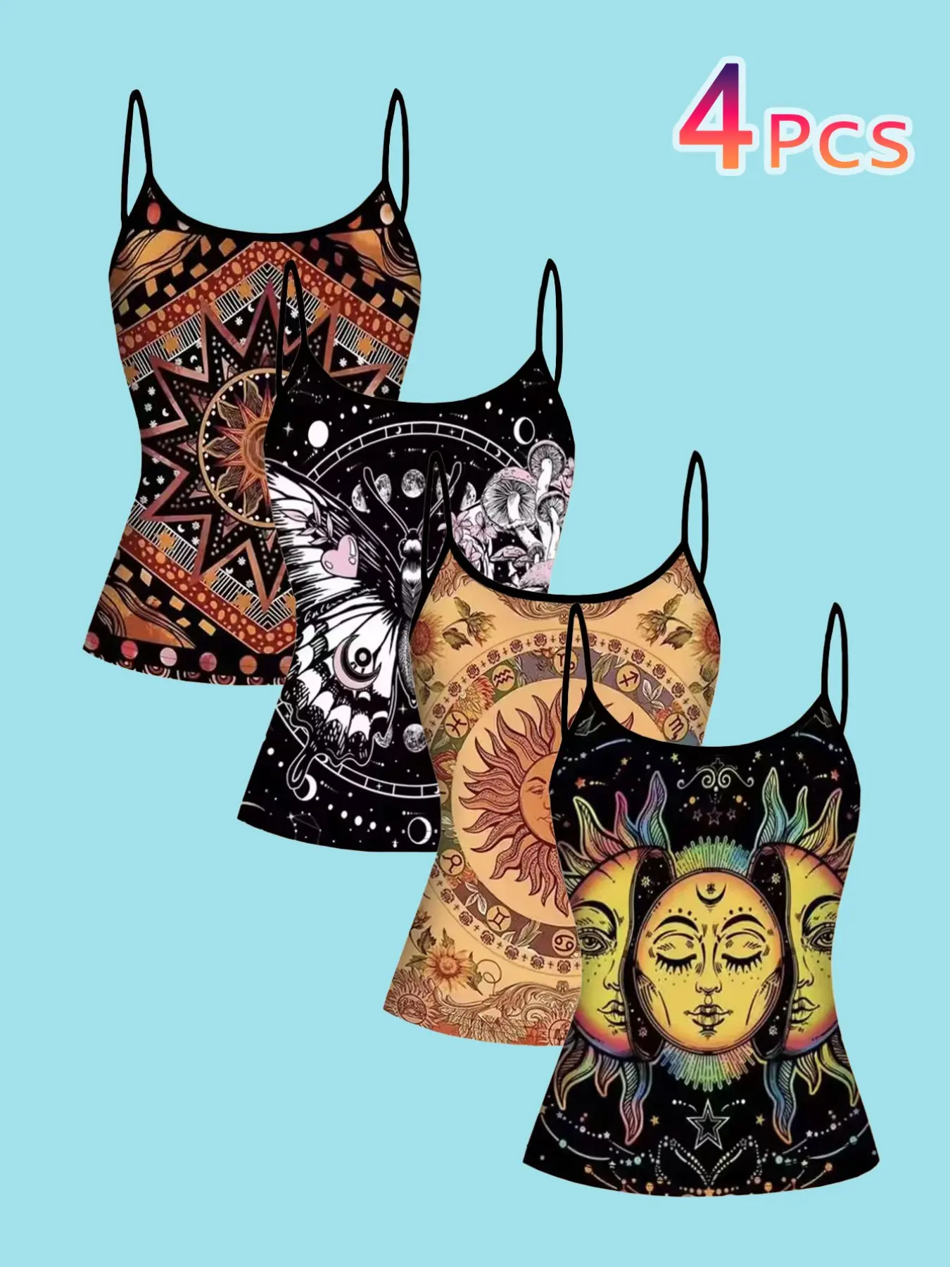Boho Mystery Print Strapless Tank Top, Boho Bohemian Casual, Boho Casual Summer, Sun God Moon Constellation Thin Shoulder Top, Vintage Ethnic Butterfly Mushroom Pattern Sleeveless T-Shirt for Women, Graphic Tank Top