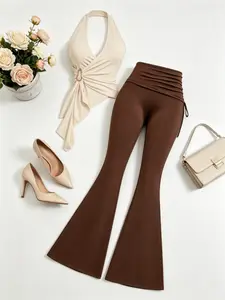 Spring Autumn Pure Desire Chic Halter Top, Irregular Hem Design, Foldover Slim Fit Long Pants Set, Two-Piece for Women