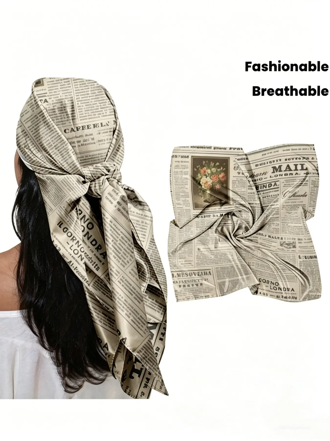 Square Scarf 35 Inches Vintage Newspaper Print, Summer Scarf, Women's Casual Fashion Headscarf, Breathable Stylish Accessory, Trendy Retro Design
