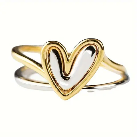Women's Minimalist Asymmetric 2-Tone Heart Ring - Gold Plated Fashion Jewelry, Creative Casual Daily Accessory, Ideal Valentine's Day Gift engagement rings promise rings