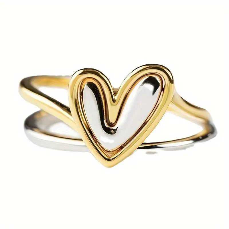 Women's Minimalist Asymmetric 2-Tone Heart Ring - Gold Plated Fashion Jewelry, Creative Casual Daily Accessory, Ideal Valentine's Day Gift engagement rings promise rings