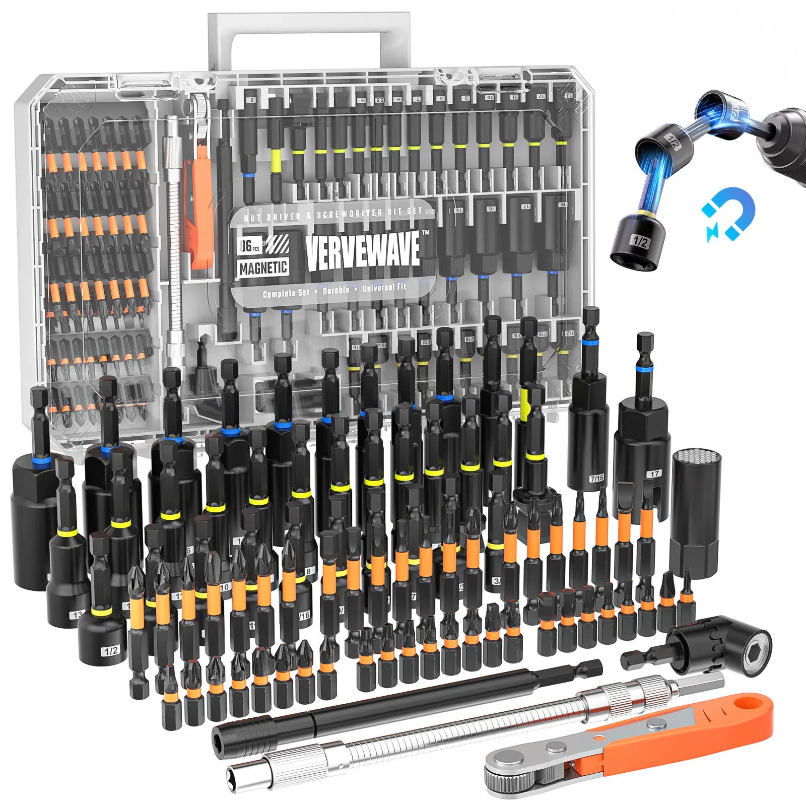 Magnetic Impact Nut Driver Set, 86PC Premium S2 Steel Drill Bits & Socket Set (Metric & SAE), Multifunctional Screwdriver Power Bits Toolbox with Universal Sockets & Flex Extension, Professional Tools for Mechanics Men Gift