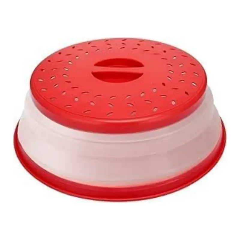 10.5 inch Red Collapsible Kitchen Utensils Microwave Food Cover - BPA-Free TPR & PP Material, Dishwasher Safe, Multifunctional Fruit Drainer Basket