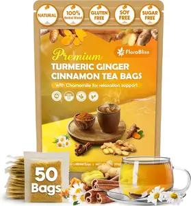 FloraBliss 50 Bags Premium Turmeric, Ginger, and Cinnamon Tea with Chamomile, Extra Strength 2.2g/Bag, 100% Natural, Caffeine-Free, Vegan, Eco-Friendly, Supports Digestion, Relaxation