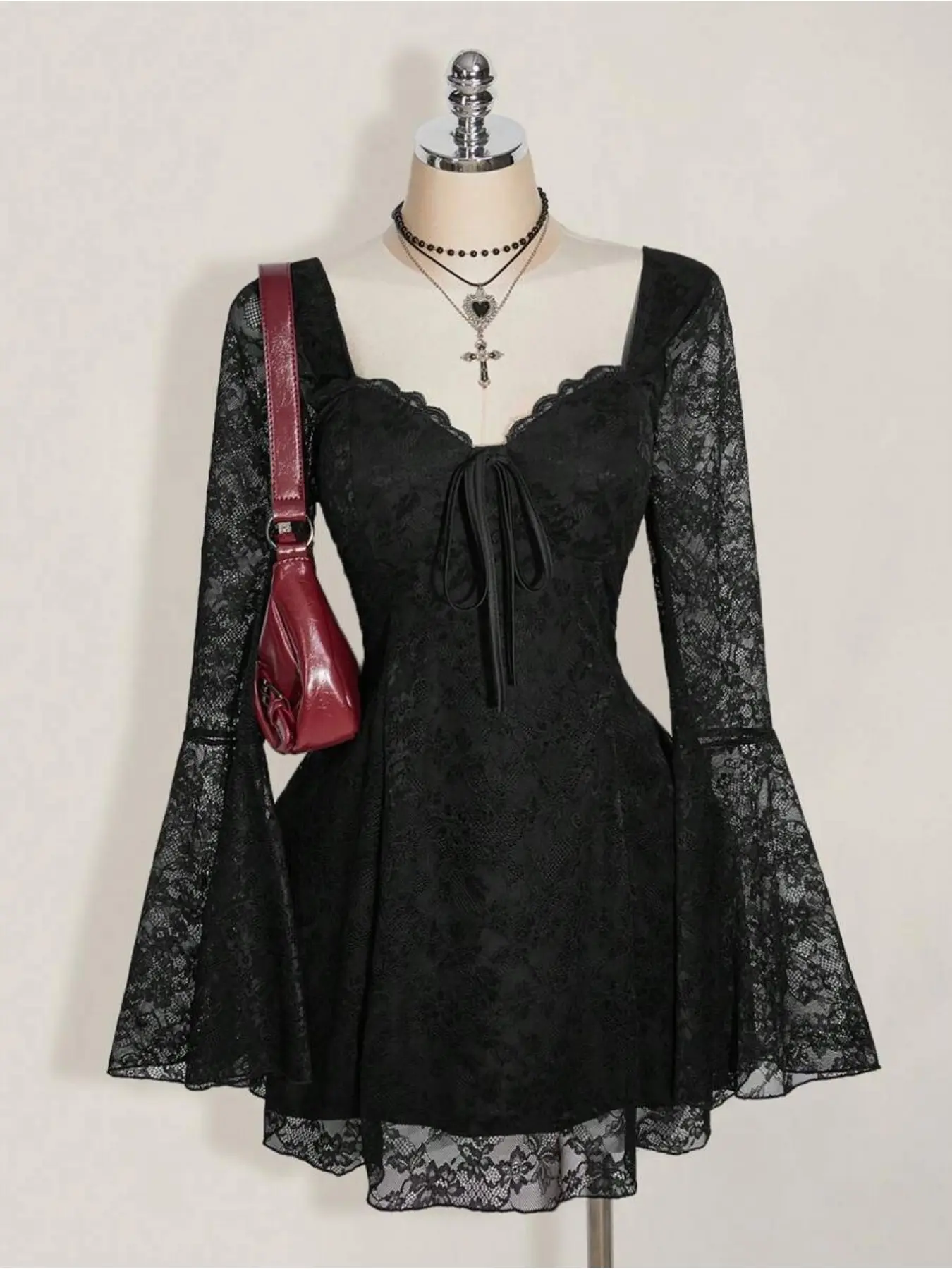 Women's Y2K Punk Lace Long Sleeve Sweetheart Neck Slim Fit Dress, Womenswear, Festival Elegant Formal Style, Fashion Tight-Fitting Bodycon Dress for Summer & Early Fall