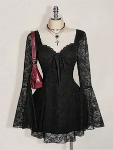 Women's Lace Sleeve Sweetheart Neck Slim Fit Dress, Y2K Punk Festival Elegant Style, Summer & Early Fall Fashion, Tight-Fitting Bodycon Dress