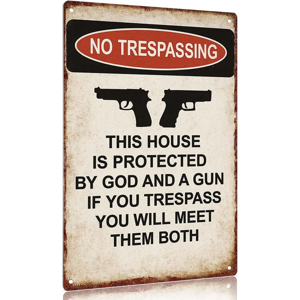 12x8in Retro Aluminium No Trespassing Sign - God & Gun Protected Mountable Plaque, Front Porch Sign, Rustic Farmhouse Gate Hanging Decoration for Home Protection