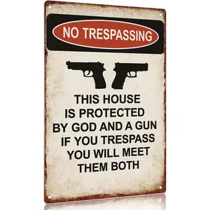 "No Trespassing - God & Gun Protected" Vintage Aluminum Metal Sign - 12x8in Home Protection Wall Decor Gate Gift Room Hanging Photo Plaque Safety