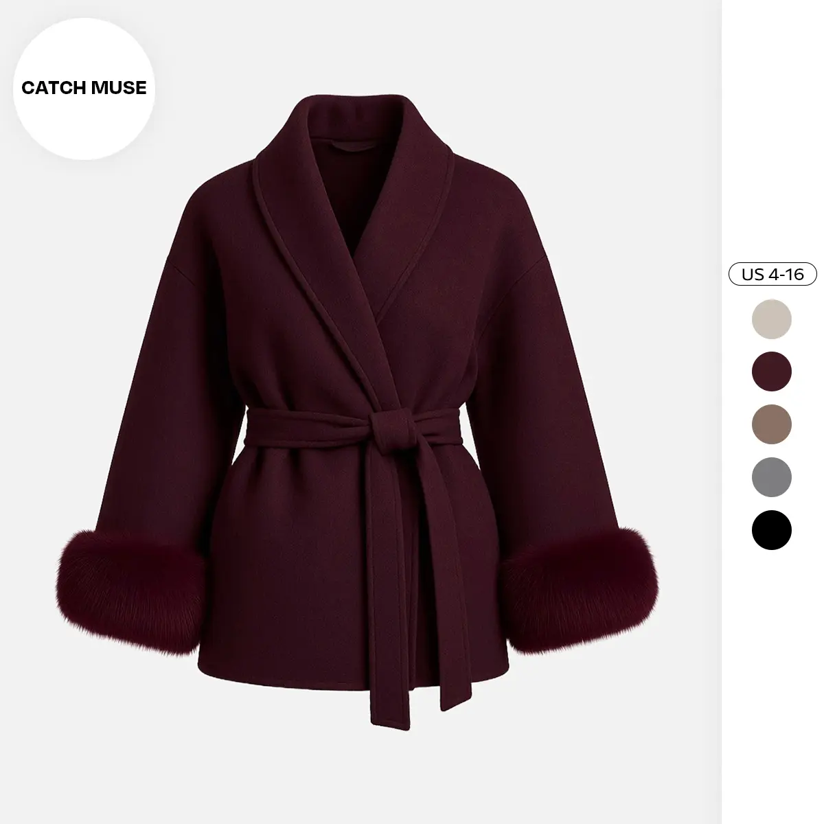 Katch Me Chic(US/CN)Women's Elegant Solid Color Waist Tie Fuzzy Cuff Wrap Coat, Premium Plush Long Sleeve Thermal Coat, Outerwear Jacket for Fall & Winter