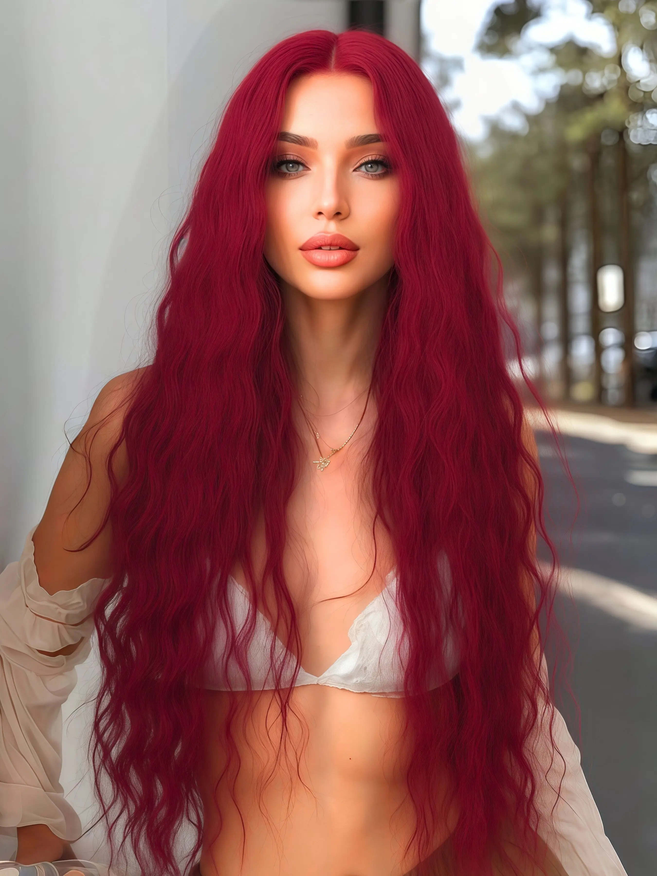 Red Long Wavy Lace Front Wig 13x4 Lace Front Synthetic Wig Pre-Plucked Hairline Heat Resistant Synthetic Fiber 180% Density Suitable for Daily Use and Cosplay 32 Inch Body Wave Wig Synthetic Material Wigs