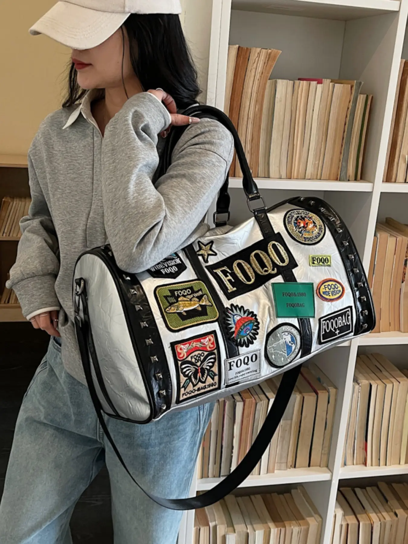 18.11inch Travel Tote Bag, PU Material, Casual Style, Duffel/weekender, Patchwork Pattern, Large Capacity, Multi-Functional, Lightweight