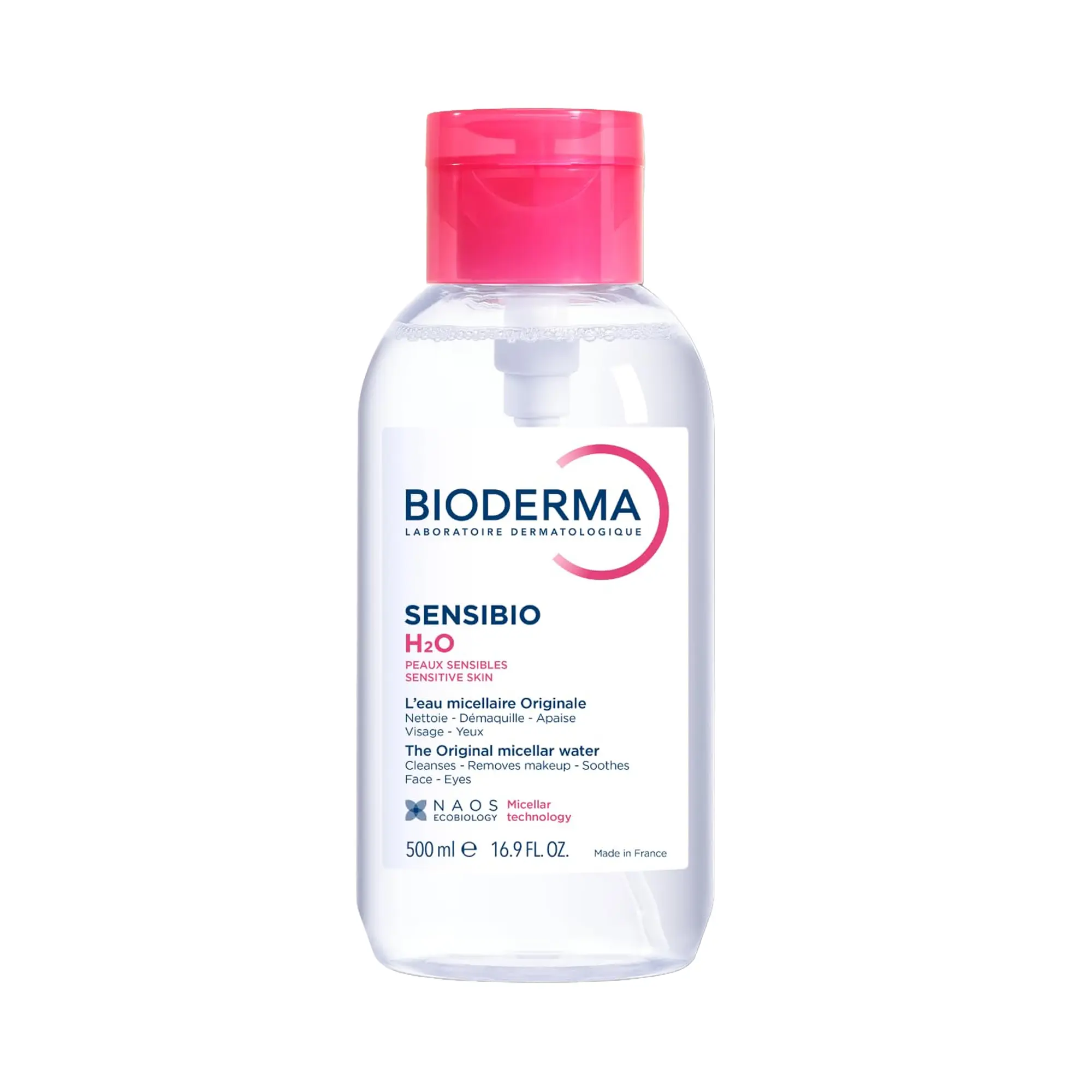 Bioderma Sensibio H2O Micellar Makeup Remover Cleanser with Pump - 16.9oz Gentle Hydrating Cleansing for Sensitive Skin, Cucumber Extract, Alcohol-Free, Hypoallergenic, Non-Comedogenic, Makeup Cleansing, Selfcare, Cosmetic, All‑Skin Friendly