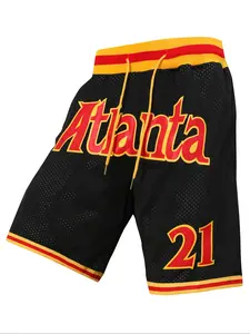 Men's 21 Black Vintage Embroidered Zipper Basketball Shorts, Casual Fitted Training Pants for Spring & Fall, Moderate Fabric, Jersey Shorts, Athletic Shorts
