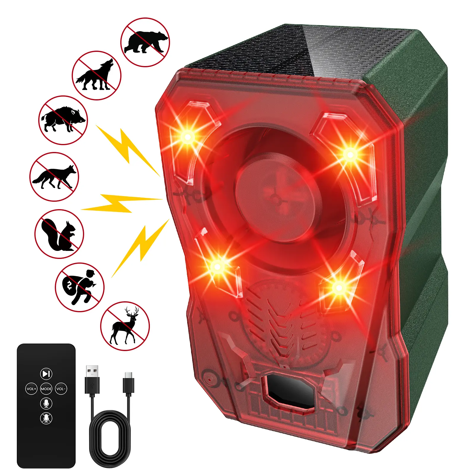 YoungSa Outdoor Solar-Powered Animal Repeller - 2000mAh USB Rechargeable, Motion Sensor Lights, 130dB Loud Alarm, Strobe Flash, IP65 Waterproof, 10 Alarm Sounds, Custom Voice Recording, Farm Bird Control, Repels Squirrels, Deer, Cats, Skunks, Dogs