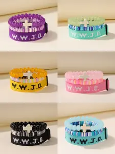 3pc Jesus Bracelets Men Women Crossed Bracelet Set Blue Raised Faith Christian WWJD Woven Beaded Bracelets Stackable Bracelet