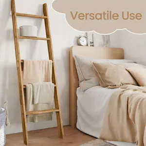 5-Tier Modern Farmhouse Blanket Ladder Shelf with Freestanding Wood Ladder Rack - Maroon Brown Storage Shelf Suitable for Living Room, Space-Saving Furniture for Blankets, Books, Decor, Bedside or Organization, Towel Racks