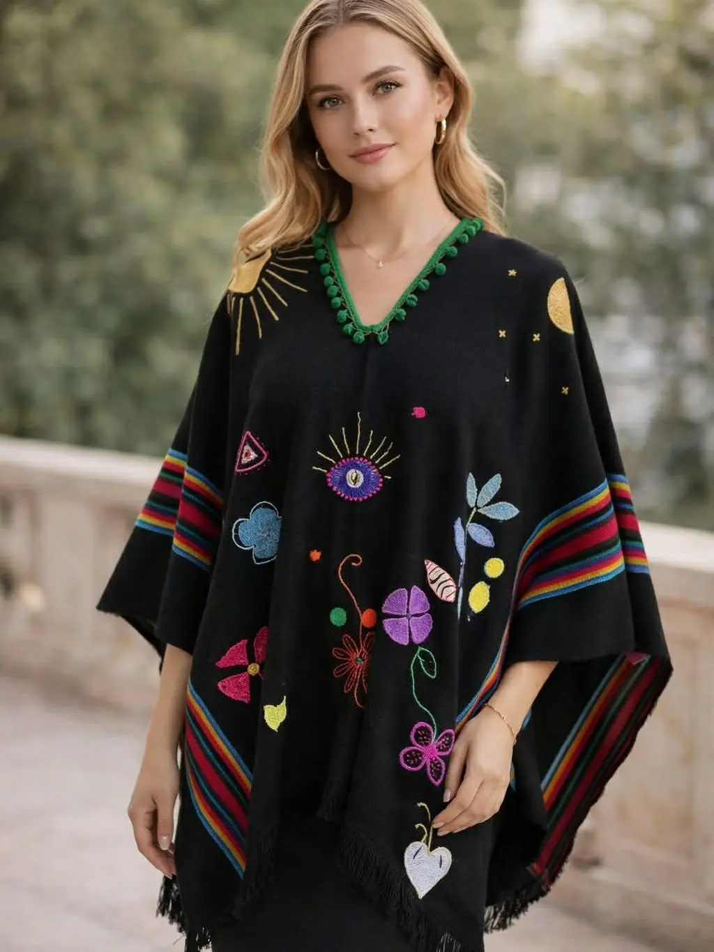 Women's Hand-Embroidered Ecuadorian Poncho - Women's Clothes, Artisan Patchwork Wrap, Eco-Friendly Boho Andean Shawl, Fall/Winter Festival Layering Piece, Handmade Gift, Recycled Acrylic Fringe Accessory