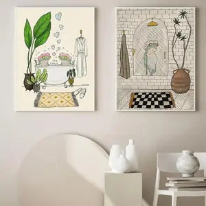 Bathroom Themed Unframed Painting, 2 Counts/set Funny Frog & Plants Pattern Leaf Floral Print Artistic Canvas Wall Art Frog Portrait, Wall Decor for Home Bathroom, Decoration Ornaments