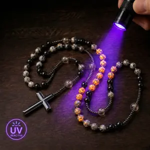 Natural Obsidian & Yooperlite Rosary Necklace, UV Reactive Protection Crystal Necklace with Hematite Stone Cross Pendant, Spiritual Healing Jewelry Gift for Women & Men