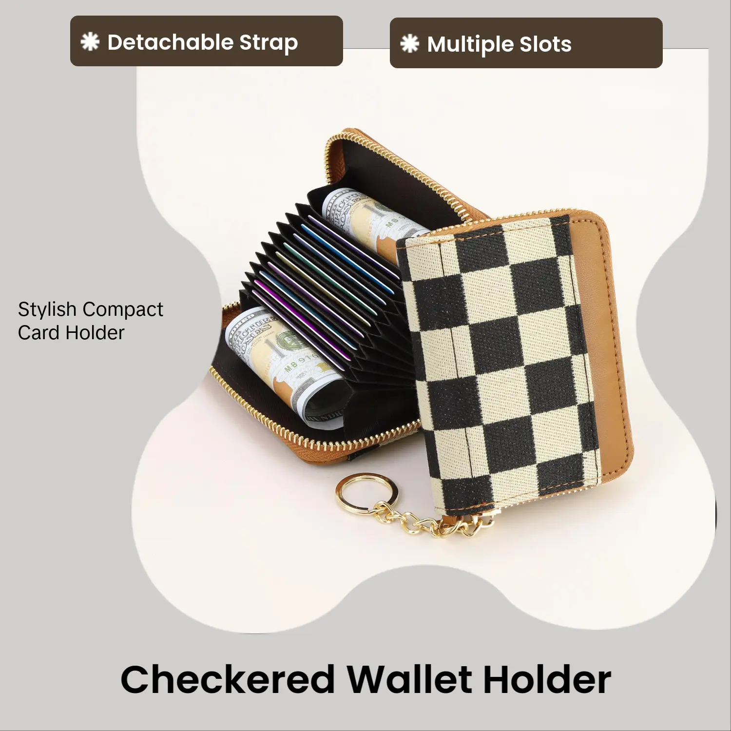 Women's Checkered Wallet, Minimalist Fabric Card Holder with a Slip-On Closure, Multiple Card Slots, and Detachable Wrist Strap for On-the-Go, Wallet Card Holder
