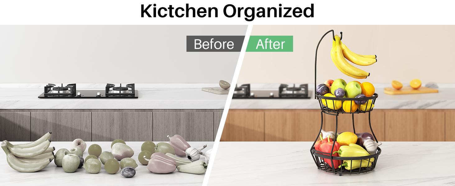 2-Tier Fruit Basket Bowl Stackable Vegetable Storage with Banana Tree Hanger Stand for Kitchen Countertop, Metal Wire Basket for Bread Onions Potatoes Black 2-Tier Fruit Basket Bowl Stackable Vegetable Storage with Banana Tree Hanger Stand for Kitchen Countertop, Metal Wire Basket for Bread Onions Potatoes Black