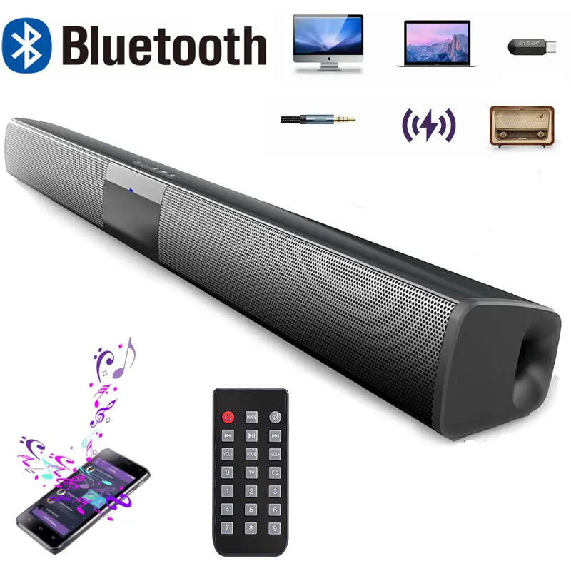 Bluetooth Surround Soundbar Speaker for Smart TV Home Theater Wireless Rechargeable Sound Bar with RCA Cable Remote Control FM Radio 20W Full-Range Drivers