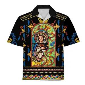 Virgin Mary Hawaiian Shirt, Stained Glass Cathedral Art Aloha Button Down Shirt, Christianity Religion Aloha Button Down Shirt, Christian Faith Aloha Shirt for Adults and Youth