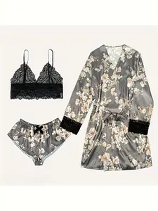 Women's 3-Piece Floral Satin Pajama Set - Comfortable Printed Sleepwear with Robe, Camisole, Shorts, Lace Panels for Elegant Loungewear Vibe