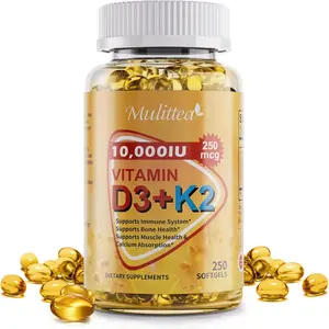 Plant-Based D3 K2 Vitamin 10000 IU w/ Virgin Coconut MCT Oil - 200 mcg MK7 Vitamin K2, Non-GMO for Ultimate Absorption - Bone, Immune & Heart Health - Easy to Swallow D & K Supplement - 250 Softgels