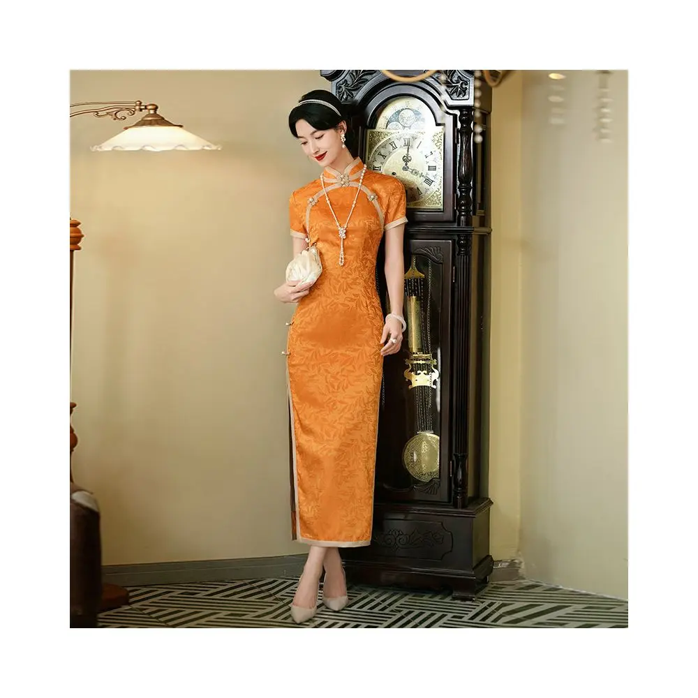 Mandarin Orange Floral Midi Qipao Dress | Neo-Chinese Cheongsam, Elegant Evening Wear, Cultural Events, Modern Traditional