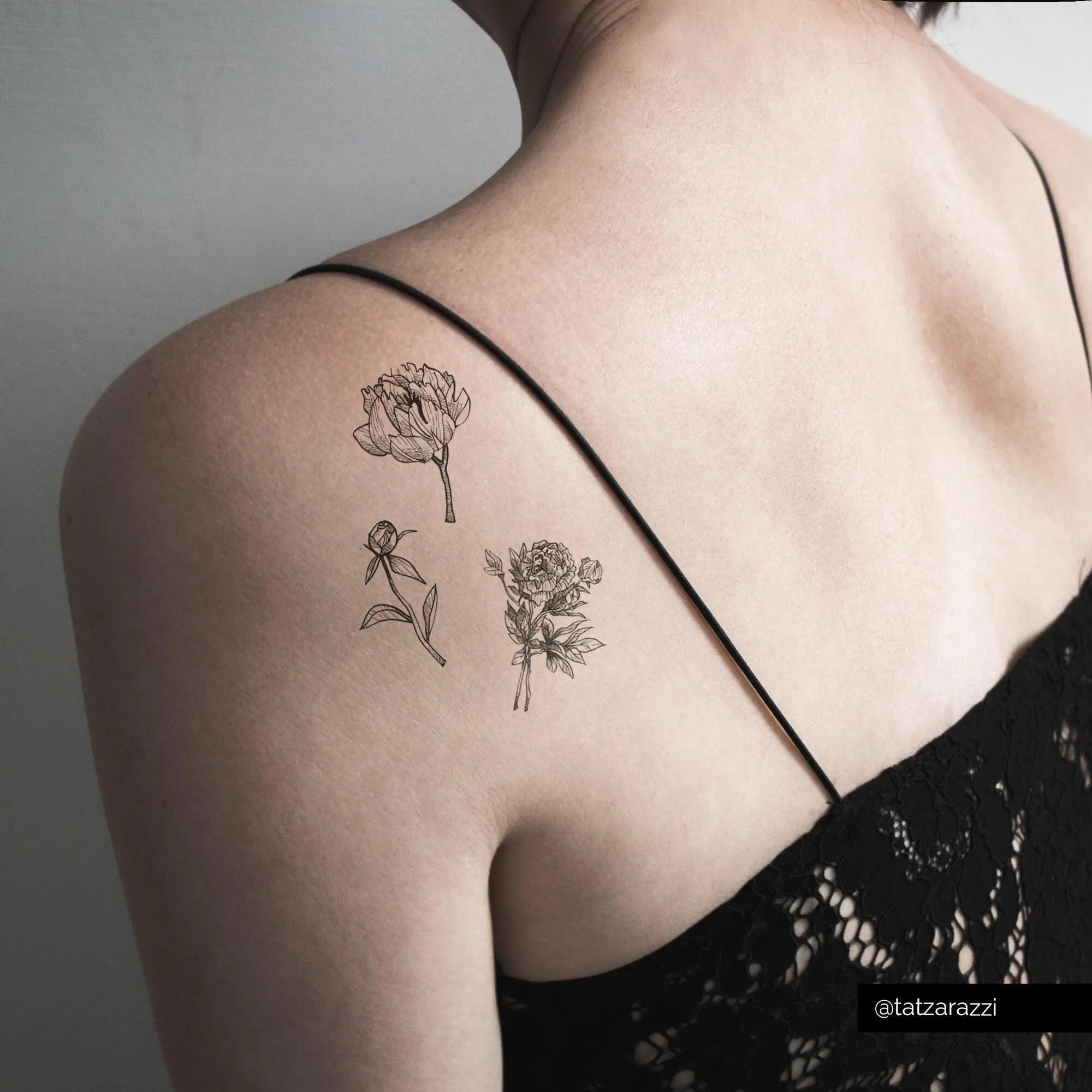 Flowers temporary tattoo floral bouquet peony nature black gray monochrome simple minimalist line illustration dainty delicate waterproof