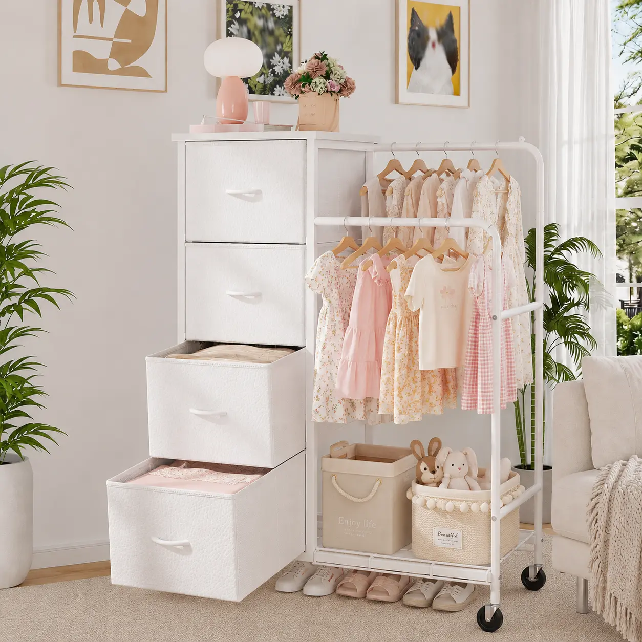 Raybee 3-in-1 Clothes Rail with 4 Fabric Drawers, 360° Movable Clothing Rack with Steel Frame, Large Capacity Garment Rack, Rolling Wardrobe Cabinet with Wheels for Bedroom, Entryway Hallway & Living Room Organization, Space-Saving Tall Chest of Drawers