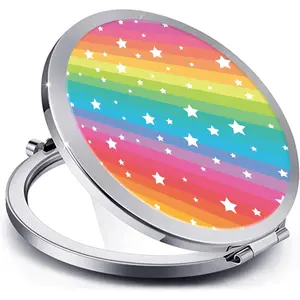 Compact Mirror for Women,Round Mini Pocket Travel Makeup Mirror,Pretty Portable Folding Small Pocket Mirror for Handbag,Purse,Double Sided Handheld Pocket Mirror(Silver Colorful Rainbow)