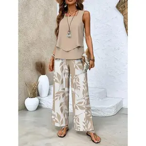 Printed Women's Long Pants and Sleeveless Top Set, Casual Versatile Comfortable