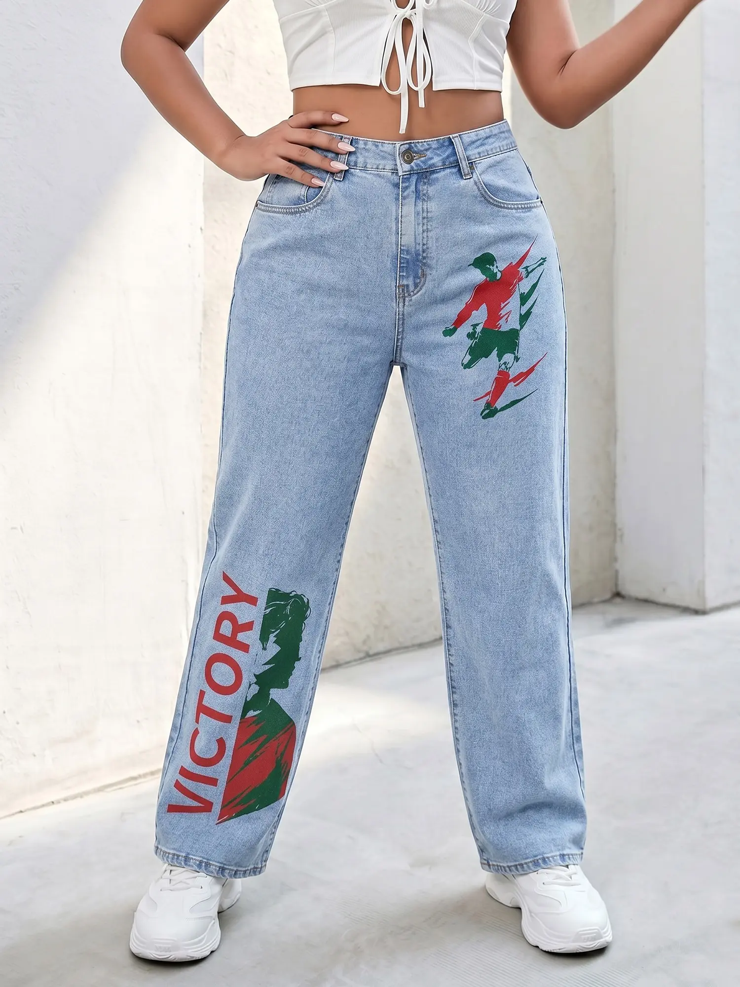 JR JEANIUS WEAR Women's Oversize Comfy High-Waist Wide-Leg Stretch Denim Bottoms, Button-Fly Jeans with Vintage Sporty Soccer Football Victory Graphic, Print, Thick, Everyday, Casual, Fit, Light, Baggy, Oversized, Trouser, Breathable, Woven, Style, Pants,