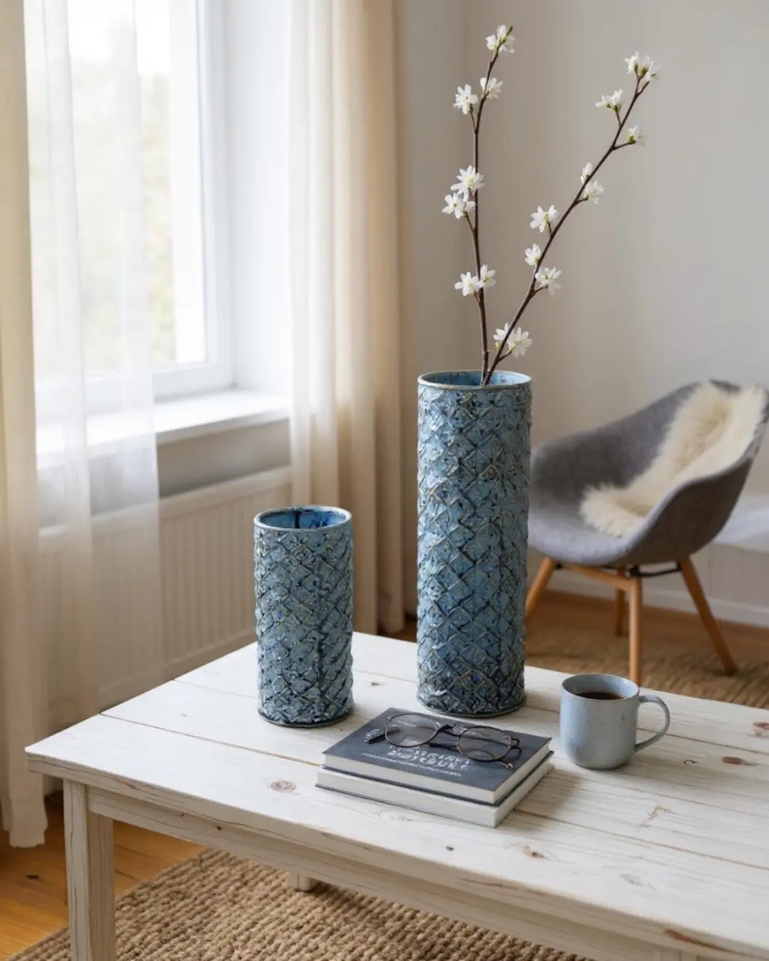 Blue Ceramic Diamond Pattern Vase - Glossy Textured Home Decor Accent, Ideal Gift for Home Supplies Display