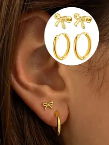 2 Pairs Bow Threadless Stud & Hoop Earrings, Stainless Steel Flat Back Push-in for Cartilage & Lobe, Hypoallergenic Post Earrings Cute Dainty Earring, Ear Studs