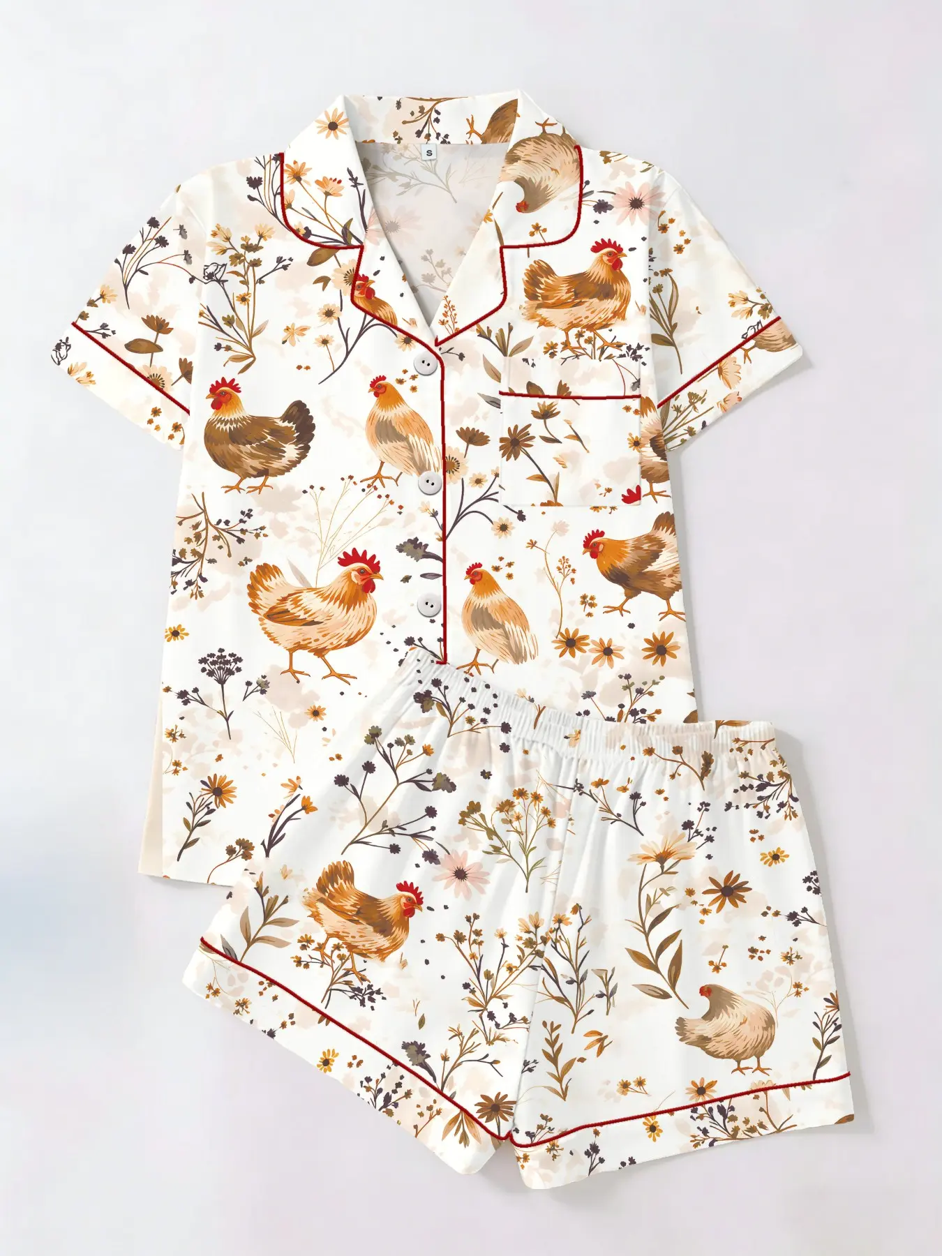 Cure-Style Farmhouse Rooster Floral Print Short Sleeve Shorts Set, Vintage Country Style Women's Sleepwear Home Wear Two-Piece Suit