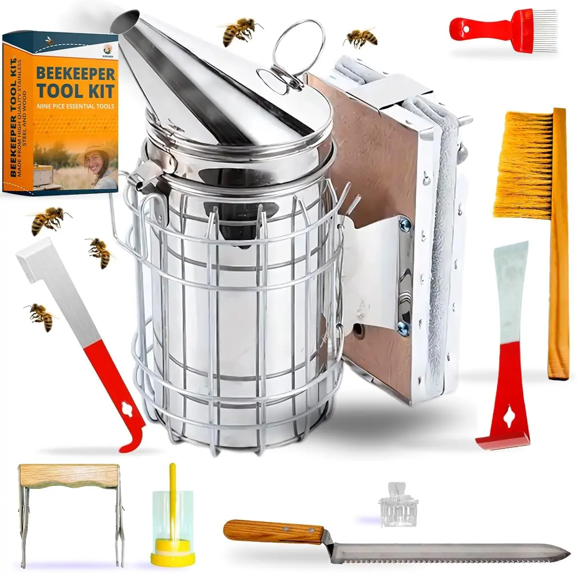 SunVara 1 Kit Beekeeping Starter Kit for Beginners, Comprehensive Set with Smoker Supports Harvesting, All Essential Beekeeping Tools & Hive Supplies (Home Improvement, Garden Use)