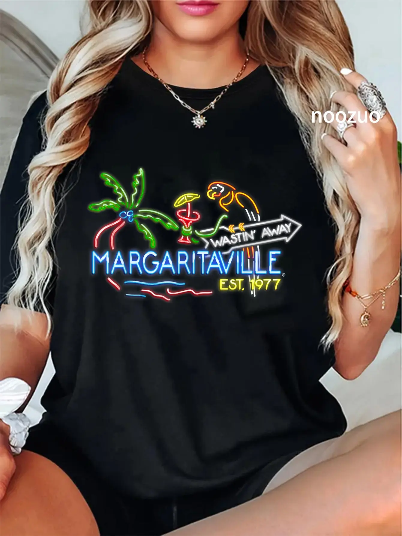 Women's Vintage 100% Cotton Short-Sleeve Round Neck Colorful Style Margaritaville Neon Sign Graphic T-Shirt, Streetwear Top for Everyday Casual Wear, Shortsleeve, Tshirt, Playful Humor